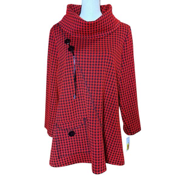 NWT Calessa Womens Stretch Knit Houndstooth Cowl Neck Tunic Top Size L Red Black - Picture 16 of 16